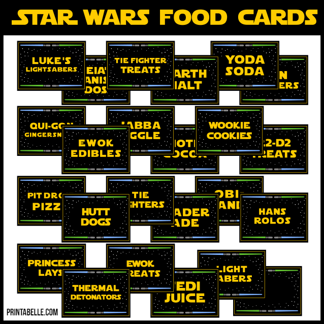 24 Star Wars Food Label Pre-filled Cards +FREE Sign & Coloring Page