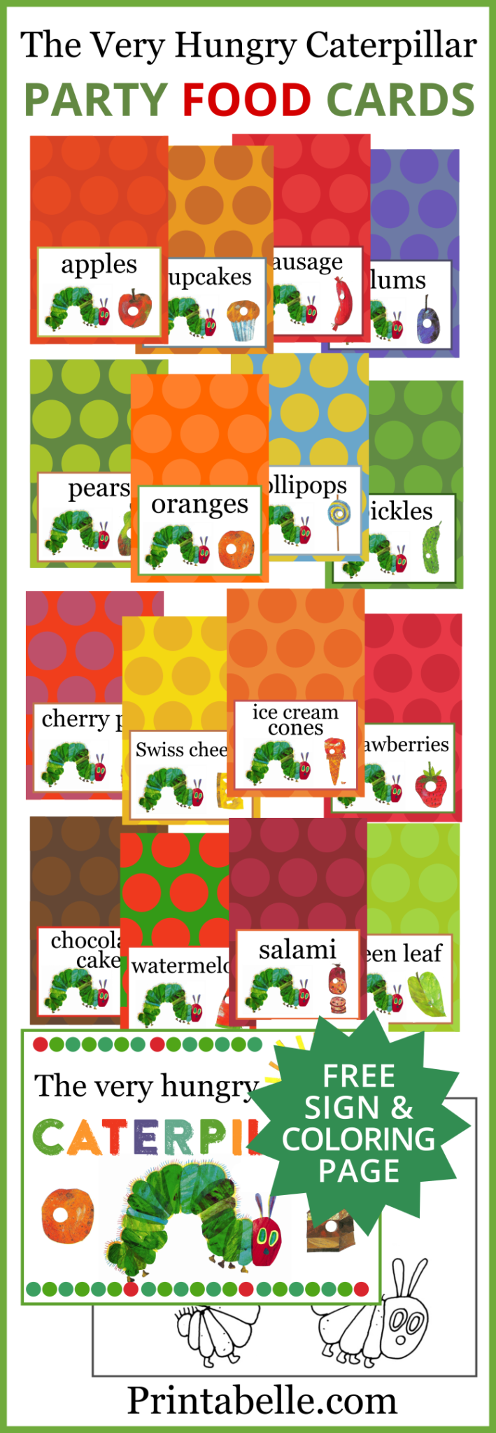The Very Hungry Caterpillar Printable Food Cards (Free Sign and
