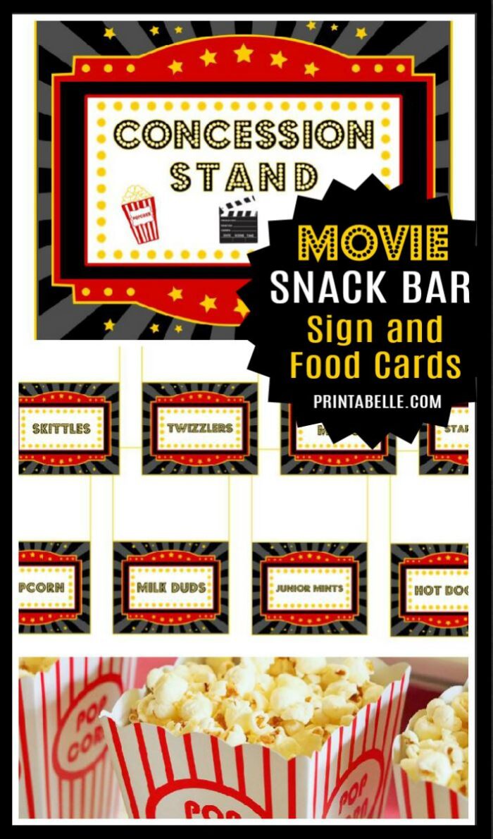 Movie Night Snack Cards Printables + Free Movie Concession Sign