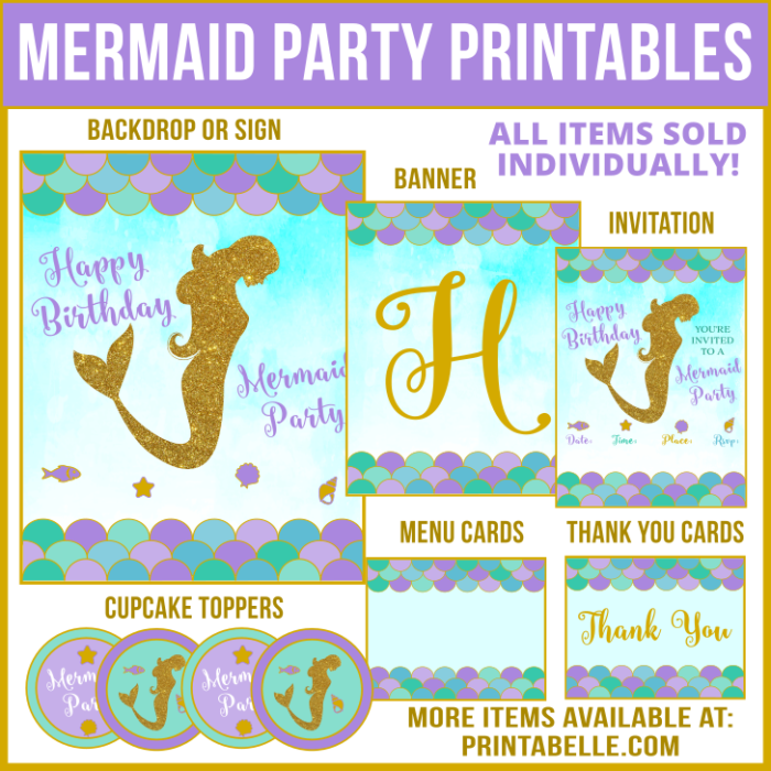 Gold Glitter Mermaid Party Printable Items