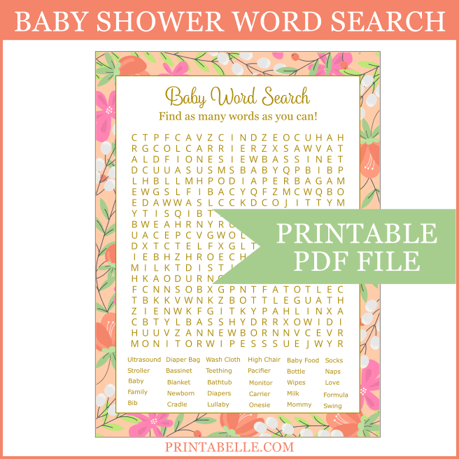 Word Search ♡ 12 or 24 Players ☆ Green or Cream ☆ ☆ Baby Shower 