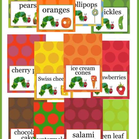 The Very Hungry Caterpillar Printable Food Cards (Free Sign and Coloring Page, too)